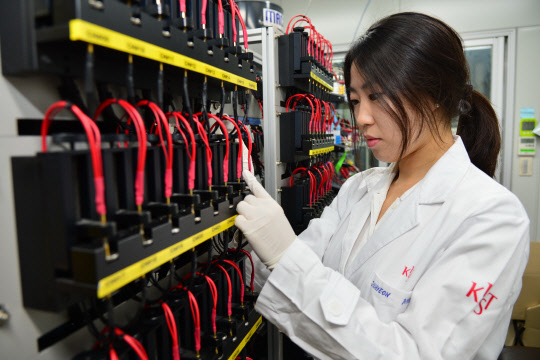 한국과학기술연구원(KIST) 에너지융합연구단 안주현 박사가 초고속 충·방전용 신소재의 배터리 성능을 테스트하고 있다.(KIST 제공)